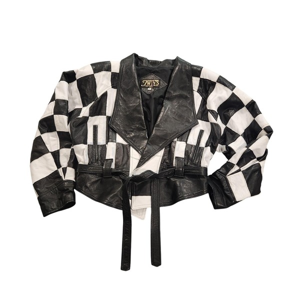 Twin's Jackets & Blazers - Vintage 80s Twins Jacket Womens Medium Leather Checkered Motorcycle Made in USA
